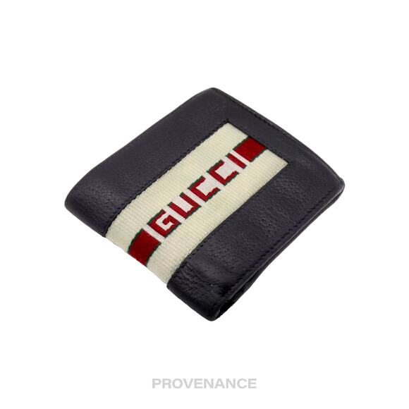 🔴 Gucci Logo Stripe Web Bifold Wallet - Black Leather - Picture 4 of 10